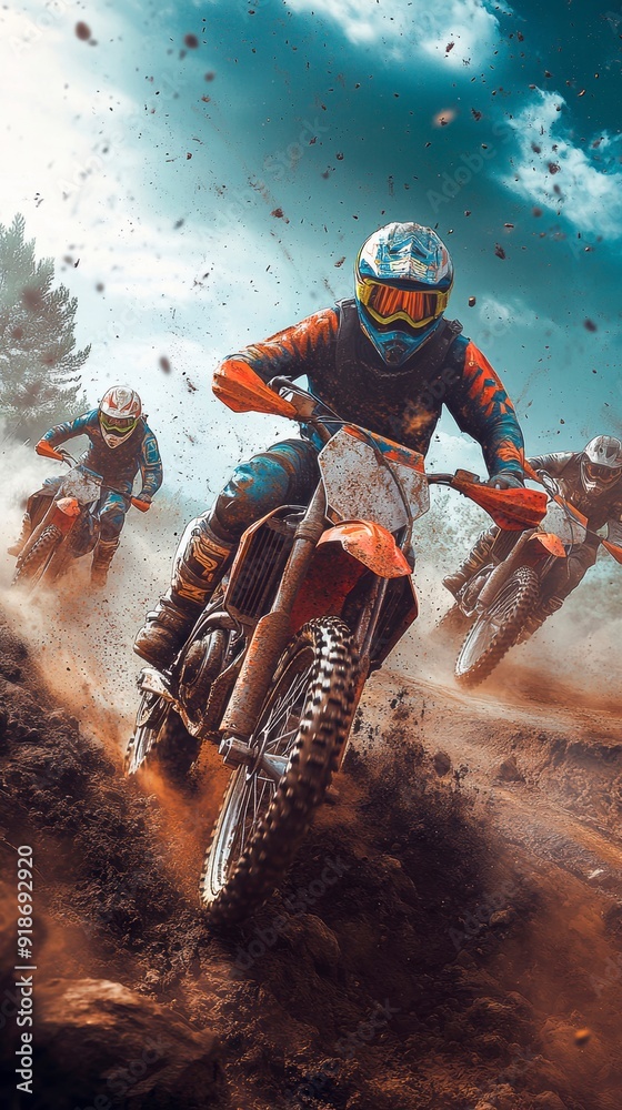 Vibrant motocross racers race through challenging terrain, creating an exciting spectacle. Vibrant motocross racers race through challenging terrain, creating an exciting spectacle.