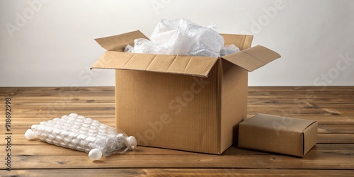 Brown cardboard box filled with packaging materials, including bubble wrap, foam inserts, and crumpled paper, on a wooden table against a white background. photo