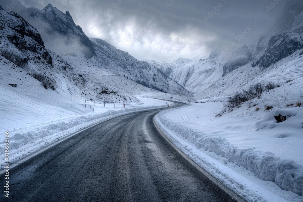 Snow-covered road amidst mountains with scenic views Snow-covered road amidst mountains with scenic views