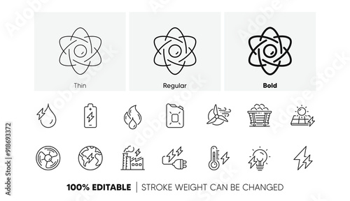 Coal Trolley, Solar Panels, Hydroelectric Power icons. Energy types line icons. Sustainable Electricity, Battery Energy, Fuel canister. Windmill power, Coal mine and Hydroelectricity. Vector