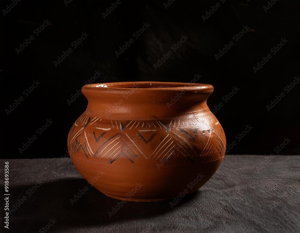 Vajilla de barro y adornos con fondo negro y telas con iluminación tenue Vajilla de barro y adornos con fondo negro y telas con iluminación tenue