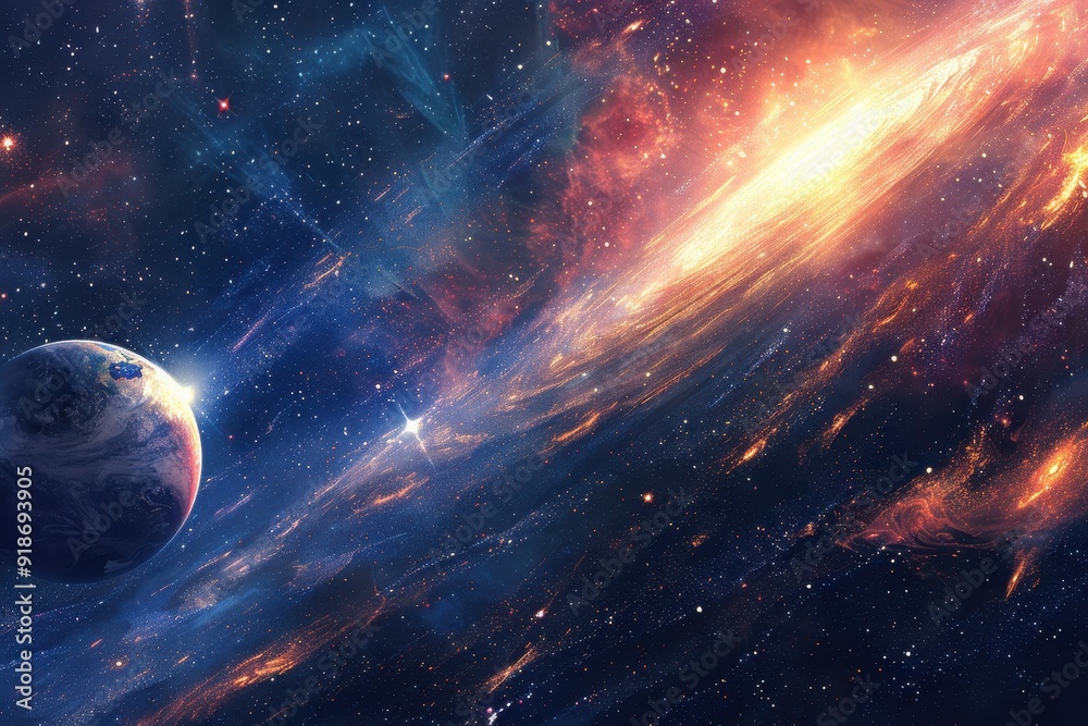 Obraz premium Earth from space with a beautiful glowing spiral galaxy in the background