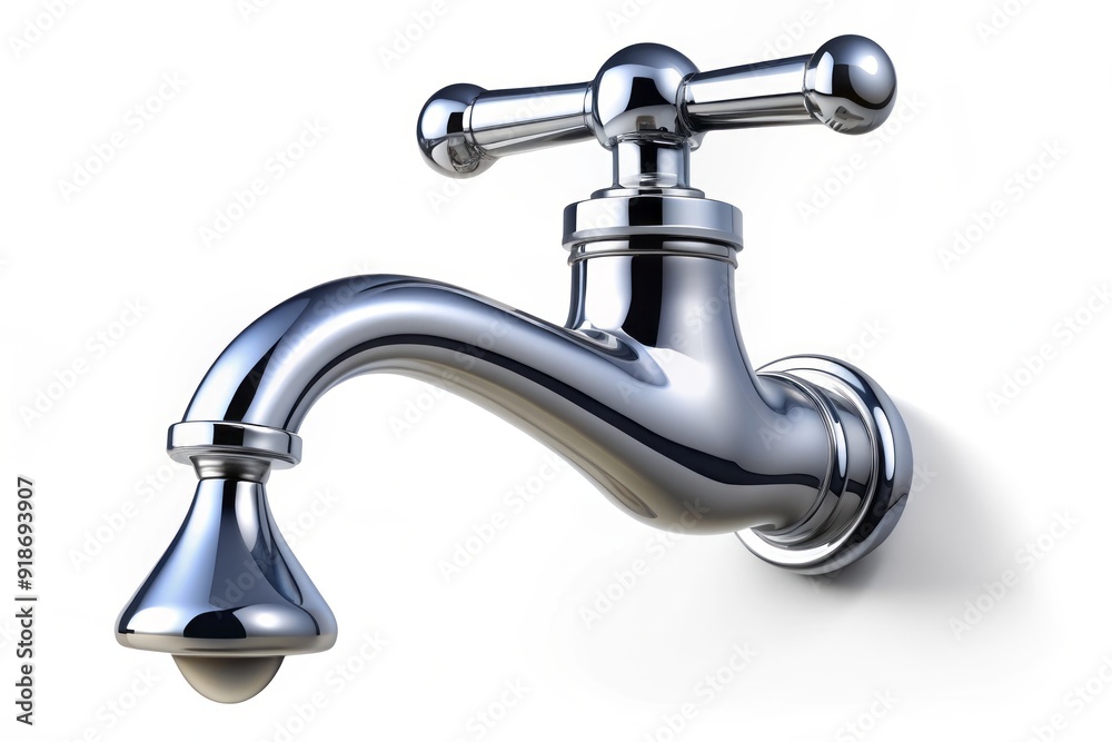 Shiny metal faucet with a single drop of water suspended from the tip, isolated on a white background with a subtle shadow effect. Shiny metal faucet with a single drop of water suspended from the tip, isolated on a white background with a subtle shadow effect.