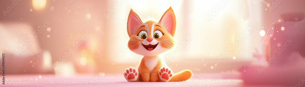 A cute animated cat character sitting happily in a bright and cozy environment, radiating joy and playfulness. A cute animated cat character sitting happily in a bright and cozy environment, radiating joy and playfulness.