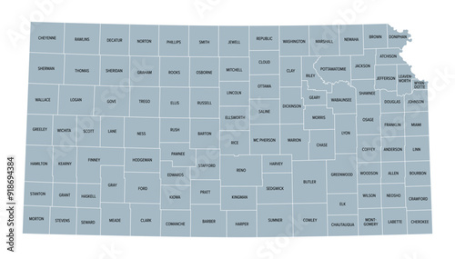 Kansas, U.S. state subdivided into 105 counties, gray political map with borders and county names. State in the Midwestern region of United States, nicknamed The Sunflower State, and The Wheat State.