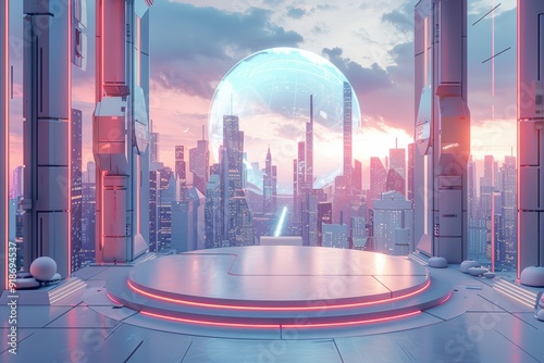 Futuristic Podium in a Virtual Cityscape
