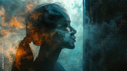 A person with a badly burned or injured face, surrounded by thick smoke