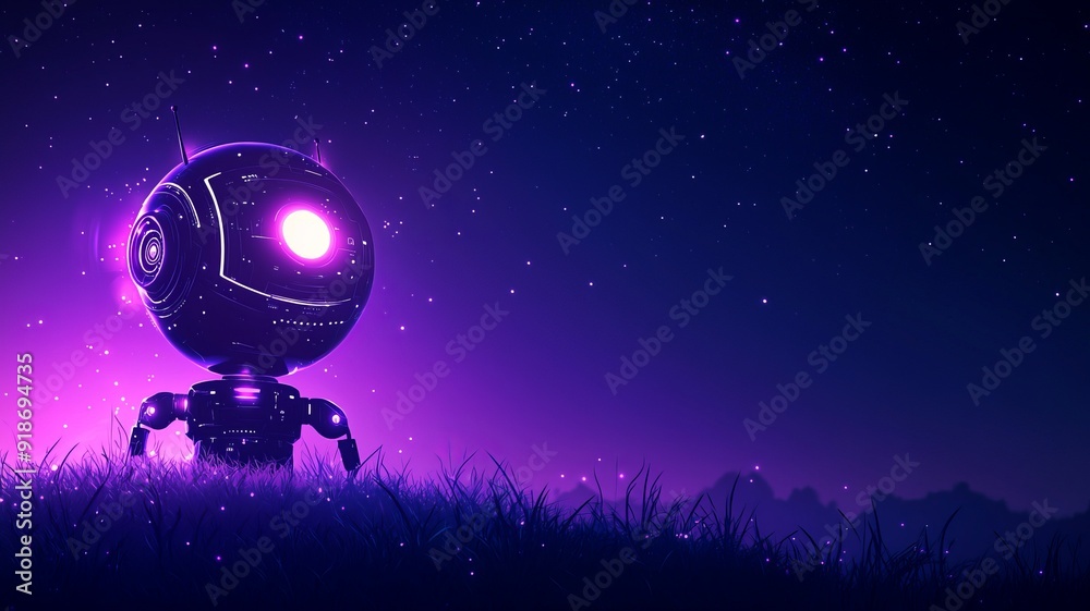 A whimsical robot gazes at a starry night sky, illuminated by a purple glow, evoking a sense of wonder and adventure.