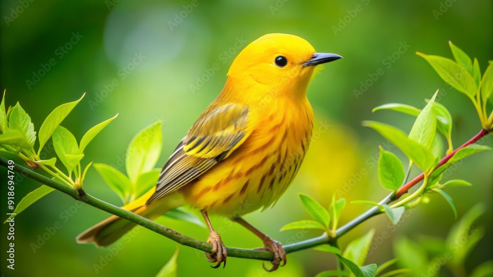 Obraz premium Vibrant yellow warbler perches on a delicate branch, showcasing bright plumage and distinctive songbird features amidst lush green foliage in a serene natural setting.