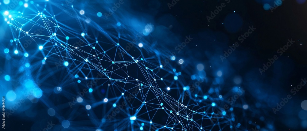 Abstract digital network with glowing nodes and connections, representing technology and communication in a blue environment.