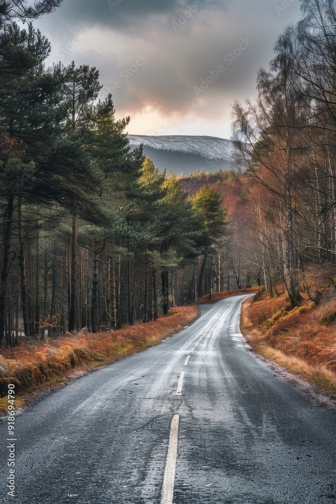 Fototapeta premium A scenic view of an isolated road in a dense forest with trees and foliage on either side