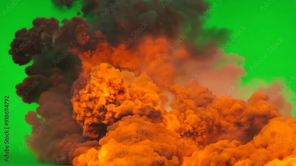 Motion animation of atomic bomb explosion on green screen background. Nuclear fire mushroom cloud in world war. Apocalypse, armageddon. Effect ready to chroma key