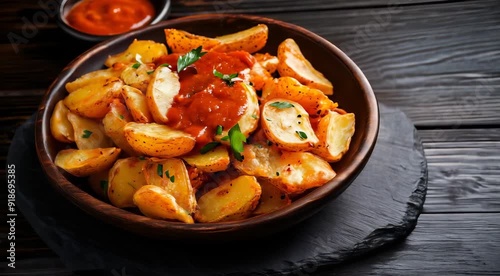 Traditional Spanish food Patatas Bravas. Golden roasted cubed potatoes topped with spicy red sauce and garnished with fresh herbs.