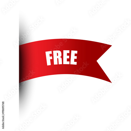 Red ribbon banner. Bold FREE text. Curved design element. Gradient shading effect.