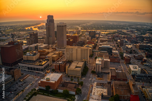 Aerial View of the Omaha, Nebraska Skyline at Dusk