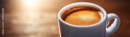 A close-up view of a steaming cup of coffee highlighting rich crema on top, perfect for illustrating coffee culture. photo