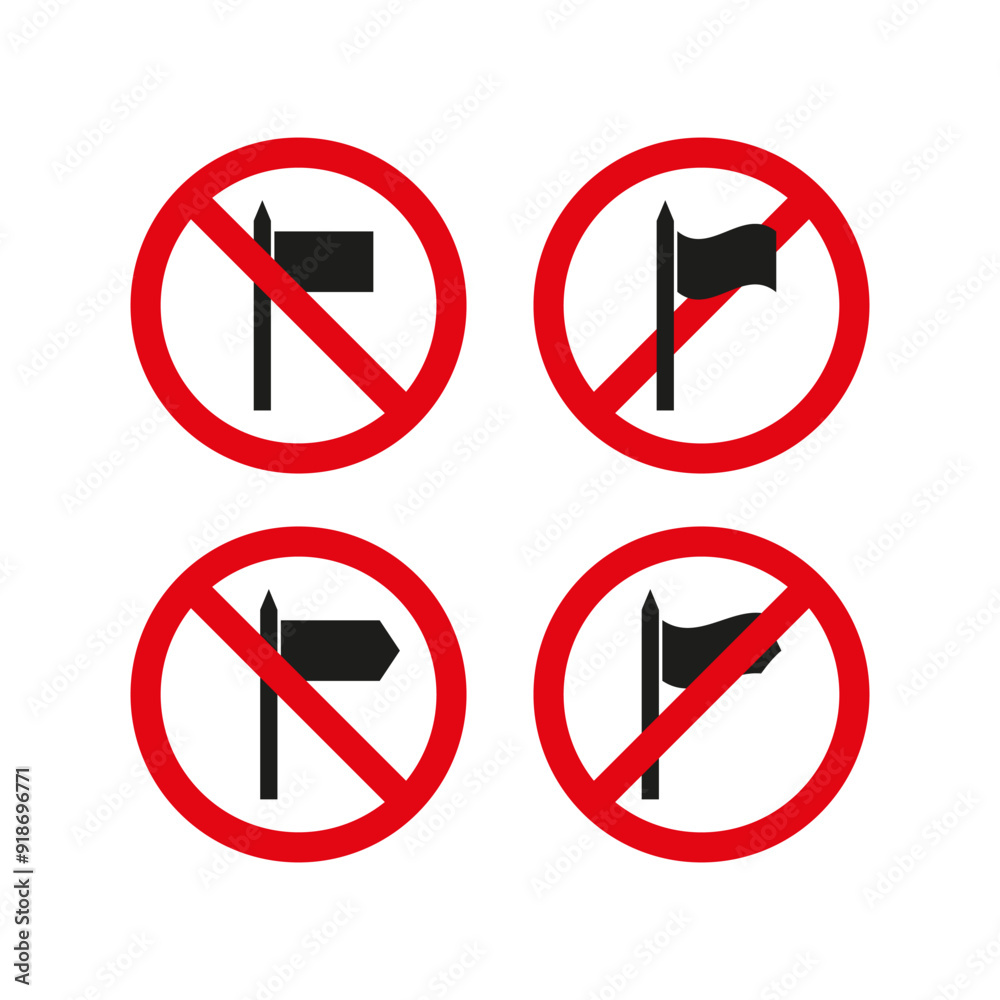 No flags or signs icons. Red circle with slash. Black symbols. Vector illustration. No flags or signs icons. Red circle with slash. Black symbols. Vector illustration.