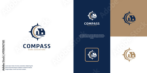 house and compass logo, nature travel directions, modern abstract, logo design template.