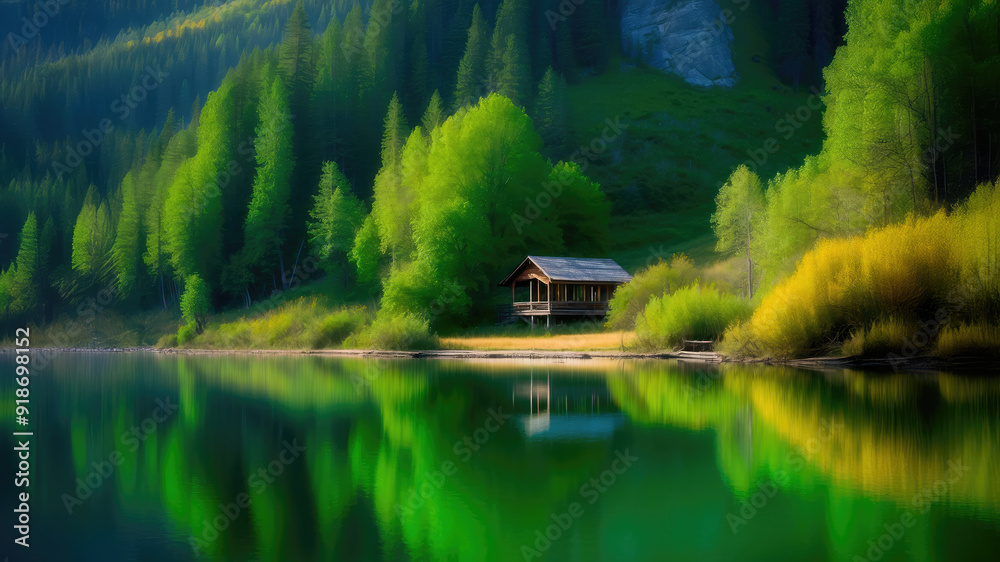 Obraz premium Solace by the Lakeside: A Serene Nature's Retreat