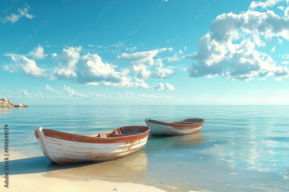 Naklejka premium Serenity of Japanese Coastal Life: Tranquil Beach with Traditional Fishing Boats and Clear Horizon in Abstract Surreal Setting