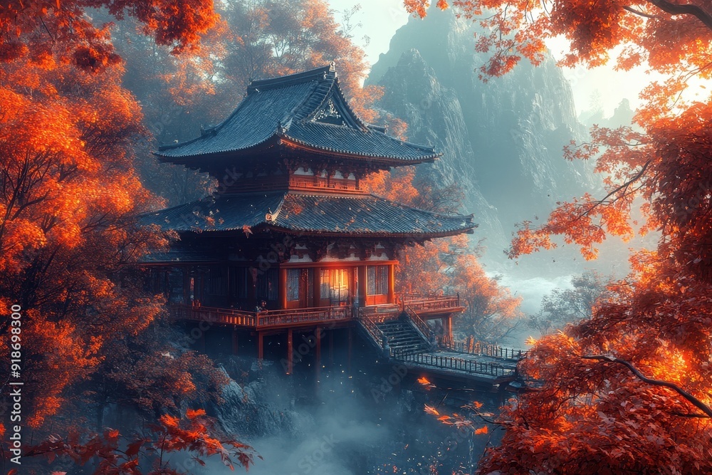 Fototapeta premium Tranquil Japanese Temple Surrounded by Autumn Foliage: A Seasonal Burst of Spiritual Beauty
