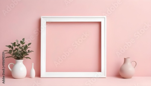 A white square frame against a solid pink background
