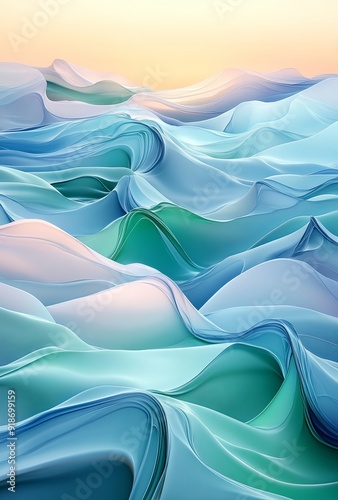 Organic fluid shapes that resemble calm ocean waves, with smooth transitions between pastel blues and greens