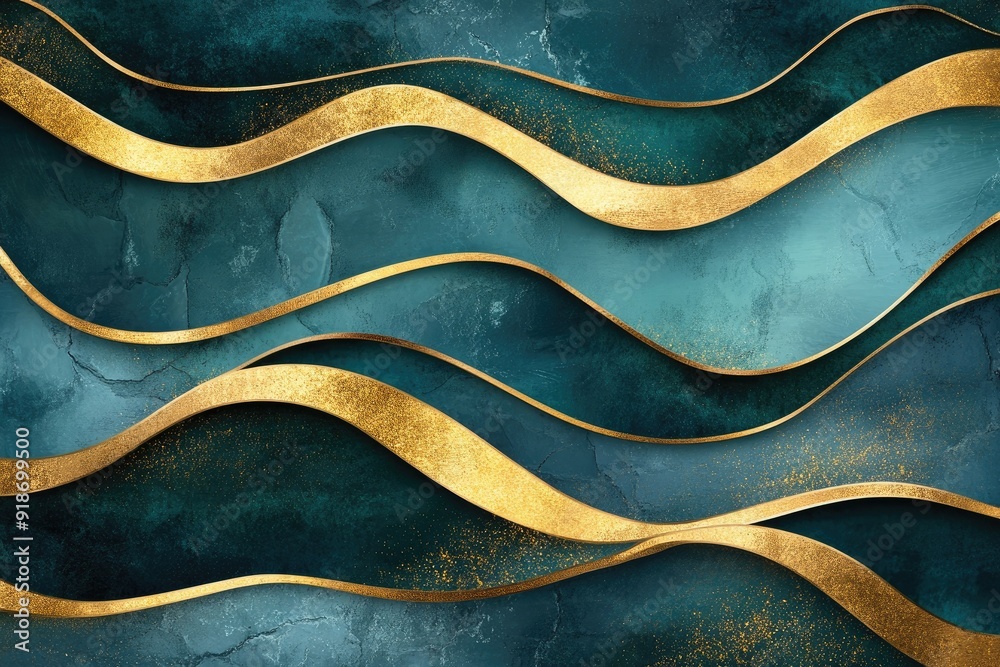 A series of gold and blue waves, creating a sense of movement and depth. The gold accents add a touch of luxury and elegance to the scene, while the blue tones provide a calming and serene atmosphere A series of gold and blue waves, creating a sense of movement and depth. The gold accents add a touch of luxury and elegance to the scene, while the blue tones provide a calming and serene atmosphere