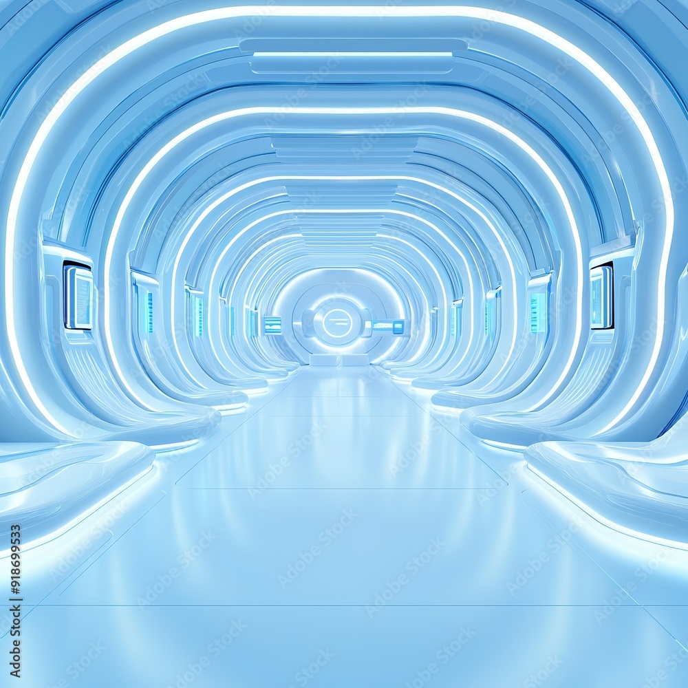 Futuristic hallway with sleek design and glowing blue lights, perfect for concept art or sci-fi themes. Futuristic hallway with sleek design and glowing blue lights, perfect for concept art or sci-fi themes.