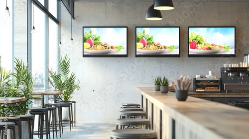 Blank mock up for menu board display screen, for restaurant cafe food business. Warm cozy atmosphere photo