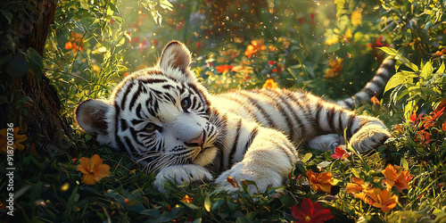 A white tiger cub is lying in the grass, generative AI