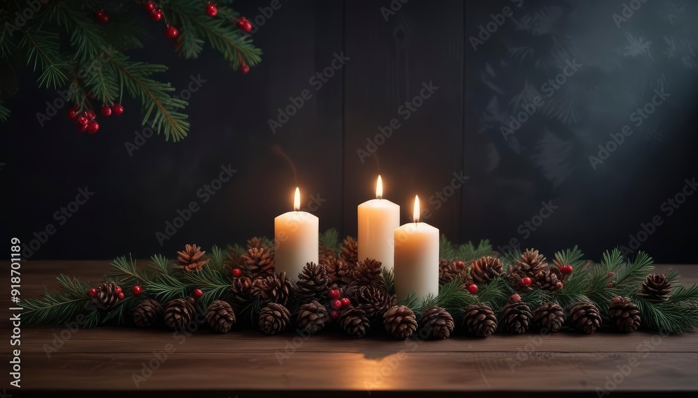 dark Christmas decoration background featuring a wooden table with scattered pine cones, holly leaves, and flickering candlelight, with ample copy space for greetings card text, ai dark Christmas decoration background featuring a wooden table with scattered pine cones, holly leaves, and flickering candlelight, with ample copy space for greetings card text, ai