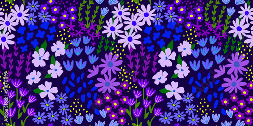 Seamless pattern with little wild meadow flowers and leaves. Colorful cute floral summer background. Can be used for wrapping, textile, print, banner, brochure, label, greeting card