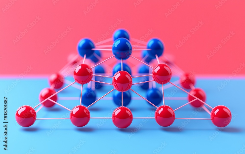 Obraz premium Colorful model representing atomic structure, showcasing red and blue spheres connected by lines in vibrant background.