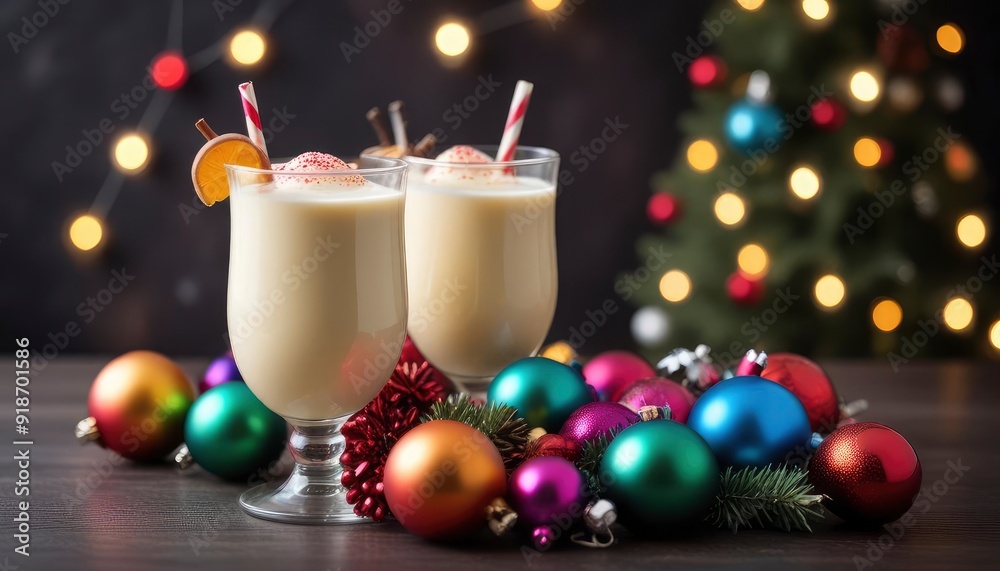 dark Christmas decoration background including an arrangement of colorful ornaments and a glass of eggnog, with a blurred background and clear copy space, ai dark Christmas decoration background including an arrangement of colorful ornaments and a glass of eggnog, with a blurred background and clear copy space, ai