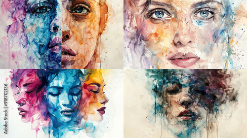 Portraits infused with color and texture, capturing the essence of individuals through fluid watercolor techniques photo