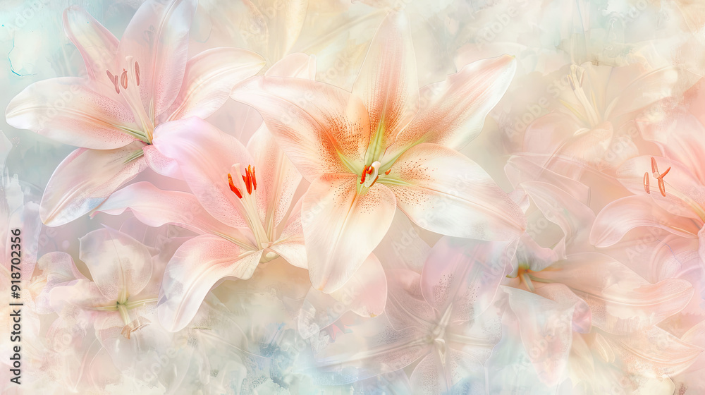 Subtle watercolor washes of lilies, soft pastel hues, seamless blending, calm and artistic backgrounds Subtle watercolor washes of lilies, soft pastel hues, seamless blending, calm and artistic backgrounds