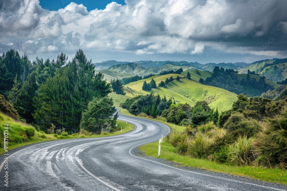 A scenic view of a winding road surrounded by lush greenery and natural beauty A scenic view of a winding road surrounded by lush greenery and natural beauty