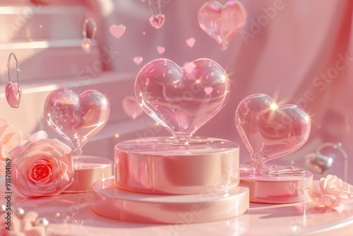 Heart-Shaped Glass Ornaments on a Pink Podium