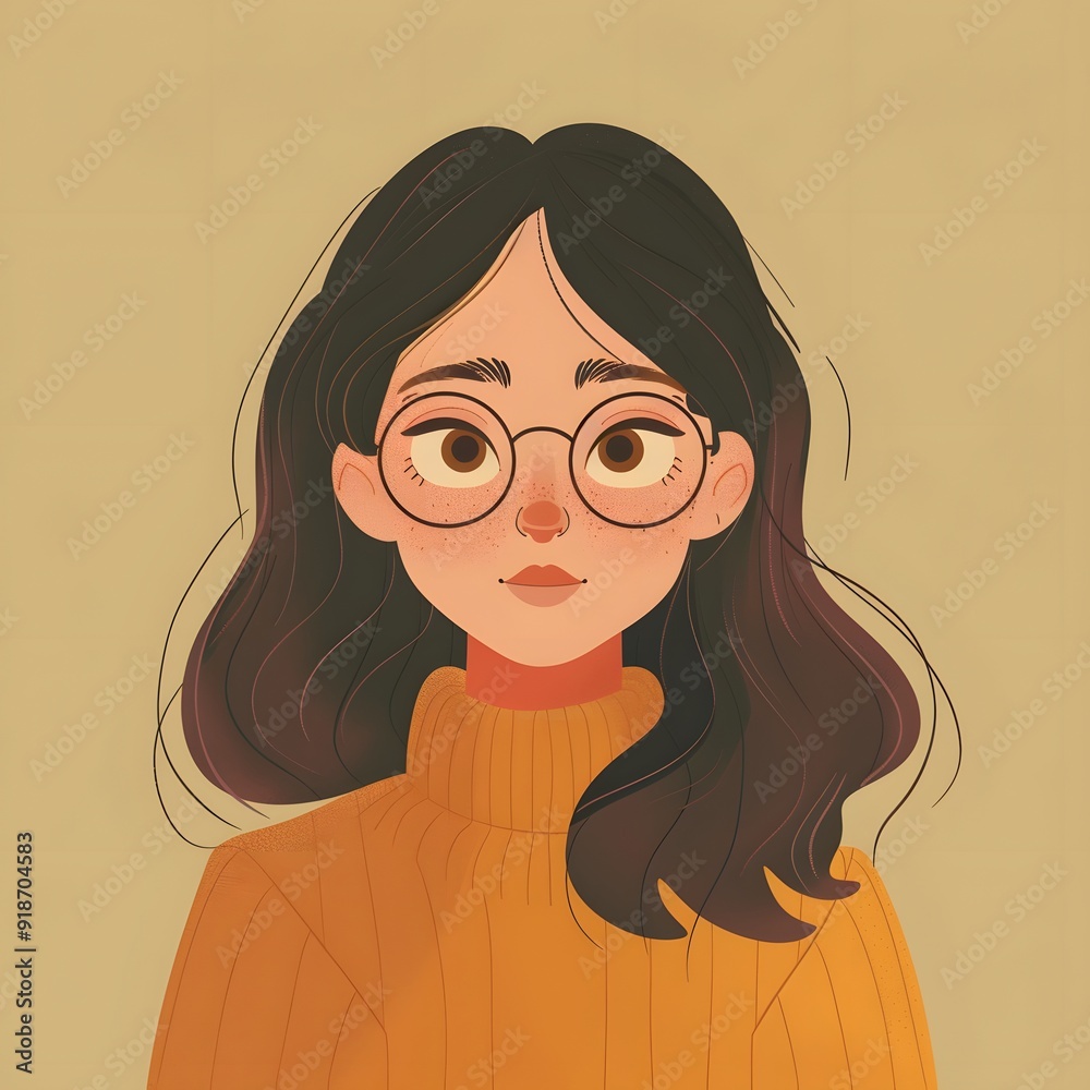 Flat illustration portrait of a Young Woman with Dark Hair and Round Glasses Flat illustration portrait of a Young Woman with Dark Hair and Round Glasses