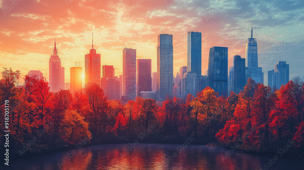Fototapeta premium Urban cityscape featuring modern buildings and bustling streets