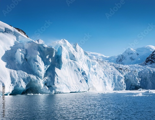 This image showcases a massive glacier of pristine ice set against a clear, bright sky. generative ai