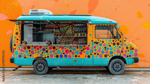 Wallpaper Mural A food truck with bright colors, an open service window, and a visible cooking area, isolated on a plain background Torontodigital.ca