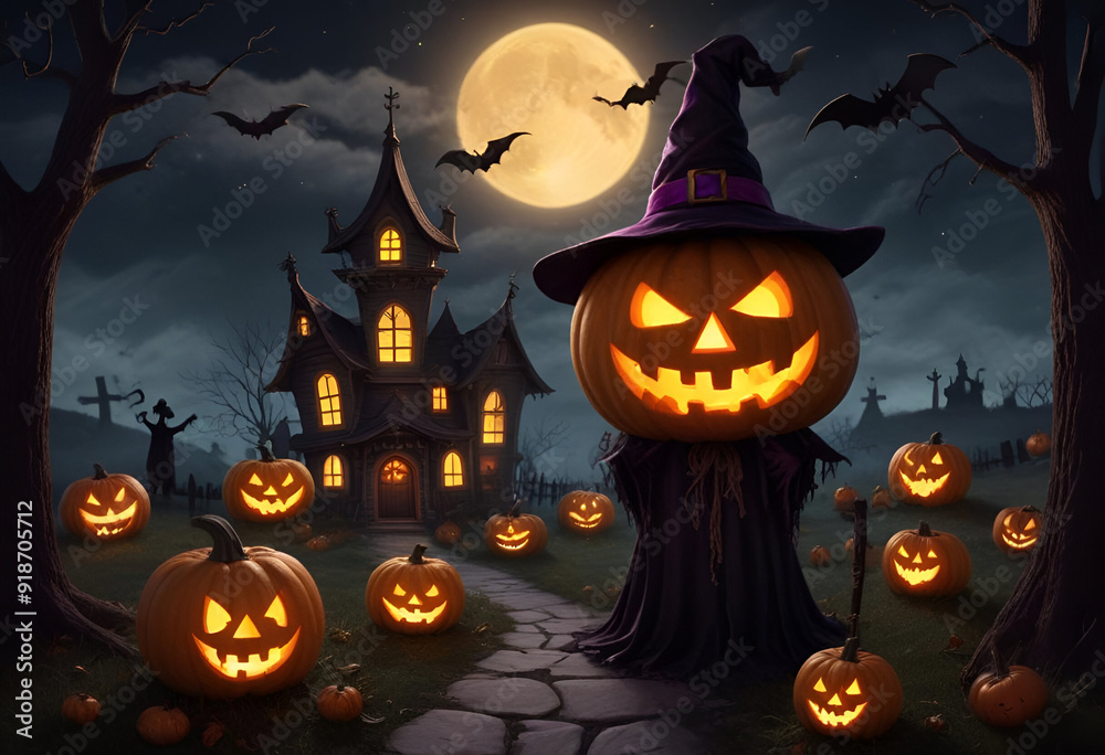 A haunted castle on a hill silhouetted against a orange full moon, with bats flying in the sky. In the foreground, there are several carved jack-o'-lanterns with glowing faces A haunted castle on a hill silhouetted against a orange full moon, with bats flying in the sky. In the foreground, there are several carved jack-o'-lanterns with glowing faces