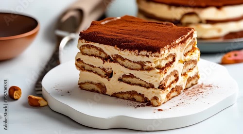 Traditional Italian food Tiramisu with layers of coffee-soaked ladyfingers, mascarpone cheese, and cocoa powder on top, served on a white surface.