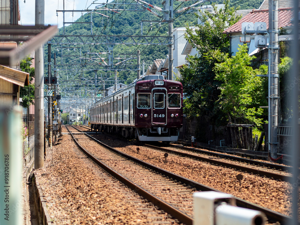 Naklejka premium 住宅地を走る能勢電鉄の車両