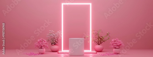 Beauty product mock up with pink background. Light neon frame with white square podium and flowers bouquets on pink wall backdrop