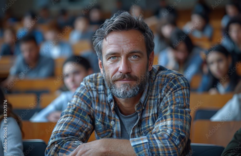 A man with a beard and glasses is sitting in a classroom with a group of people A man with a beard and glasses is sitting in a classroom with a group of people