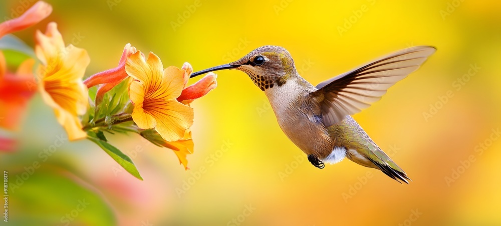 Fototapeta premium 51. A detailed close-up of a hummingbird feeding from a vibrant flower with its wings blurred in motion