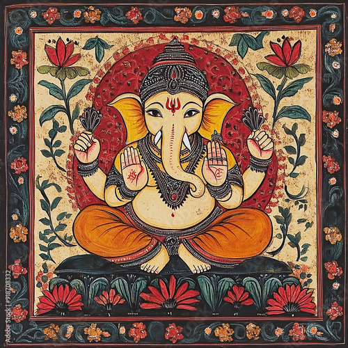 Traditional Madhubani art from India of Lord Ganesha, the elephant god, on a textured background. photo